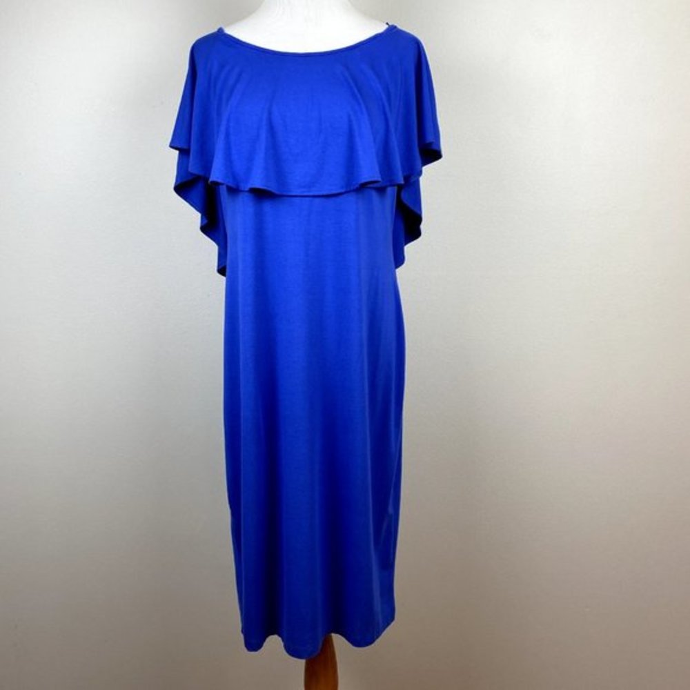 Carmen Marc Valvo‎ Midi Dress XL Blue Off Shoulder Ruffle Bodycon Slim Fit New